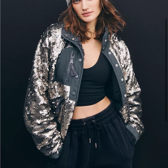 Free People Jackets & Blazers - Free People Hit The Slopes Sequin Jacket Silver NWOT